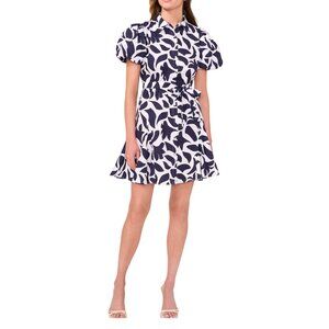 MSK Womens Puff Sleeve Navy & White Cotton Belted Shirt Dress Size